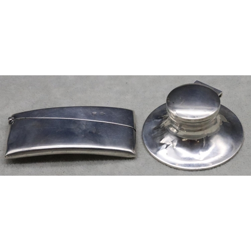 363 - A Sheffield plain silver concave shaped card case with hinged lid, a small Birmingham silver inkwell... 