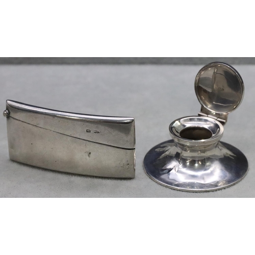 363 - A Sheffield plain silver concave shaped card case with hinged lid, a small Birmingham silver inkwell... 