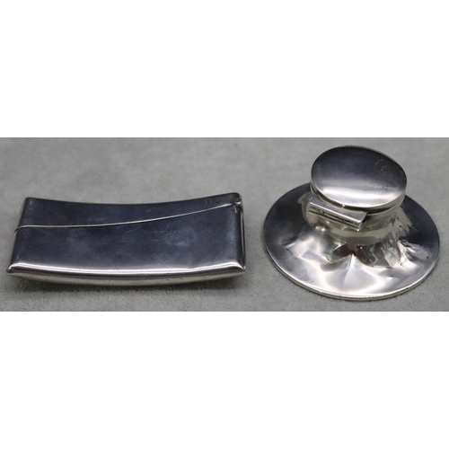 363 - A Sheffield plain silver concave shaped card case with hinged lid, a small Birmingham silver inkwell... 