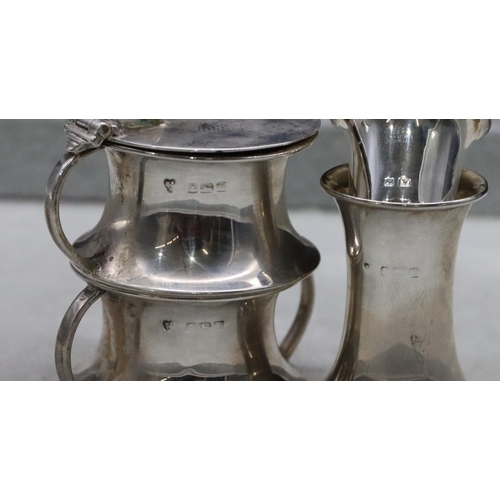 369 - A Birmingham silver 3-piece condiment set, comprising of mustard with hinged lid and blue glass line... 