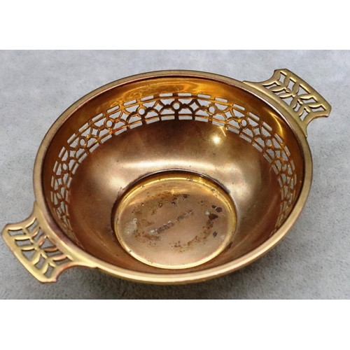 372 - A Birmingham silver gilt round 2-handled sweet meat dish with pierced gallery, 12.5cm wide, stamped ... 