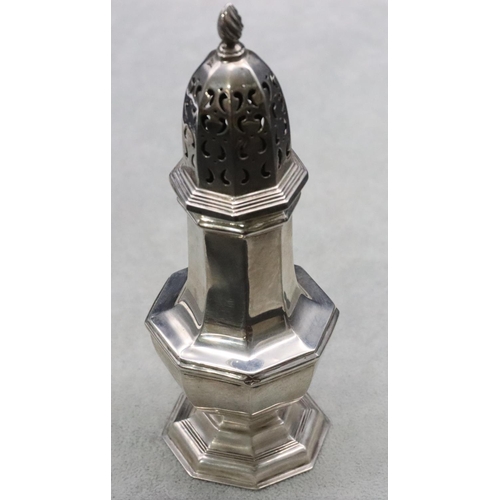 376 - A Birmingham silver octagonal bulbous shaped sugar caster on sweeping base, 16.5cm high, 3.6oz