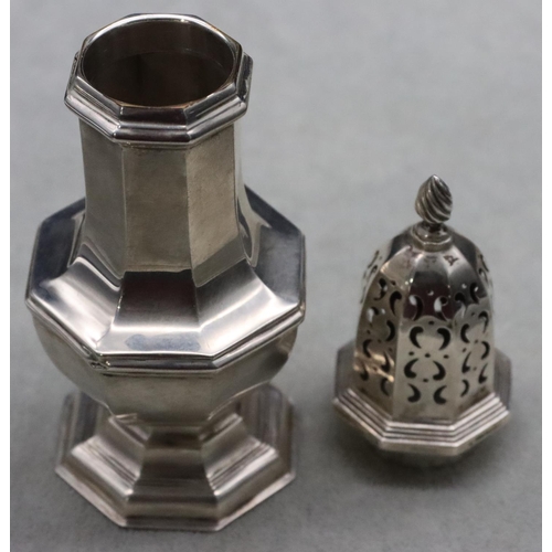 376 - A Birmingham silver octagonal bulbous shaped sugar caster on sweeping base, 16.5cm high, 3.6oz