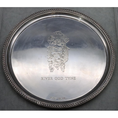 380 - A Birmingham silver round card tray with engraved figurehead to centre 