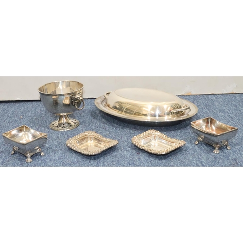 389 - A pair of silver plated rectangular shaped salts on splayed claw feet, another pair of silver plated... 