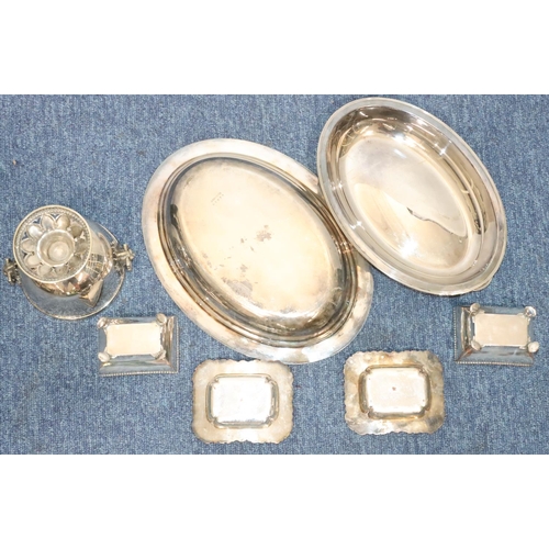 389 - A pair of silver plated rectangular shaped salts on splayed claw feet, another pair of silver plated... 