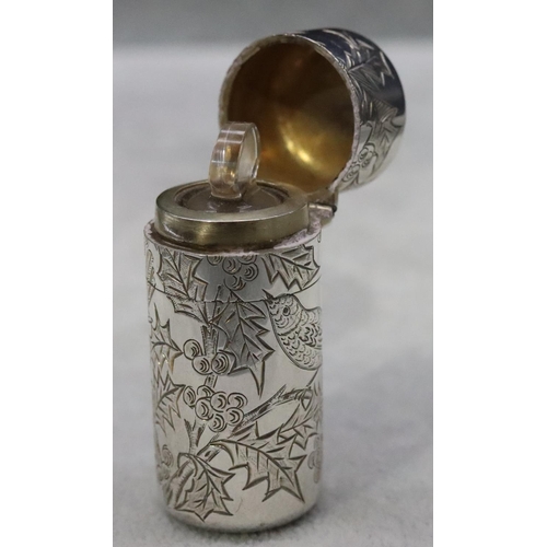 390 - A Victorian silver Sampson Mordan cylindrical scent bottle with hinged lid enclosing inner stopper, ... 