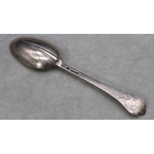 394 - An Edward VII Arts & Crafts presentation rat tail spoon with hammered handle depicting floral motif,... 