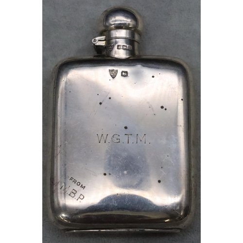 399 - A George V Sheffield silver plain concave shaped hip flask, engraved with initials, hinged top, 11.3... 