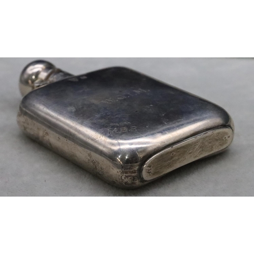 399 - A George V Sheffield silver plain concave shaped hip flask, engraved with initials, hinged top, 11.3... 