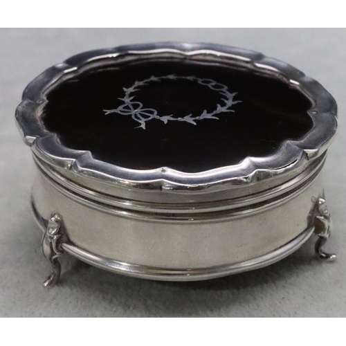 401 - A Birmingham silver round trinket box with hinged tortoiseshell lid enclosing blue velvet interior, ... 