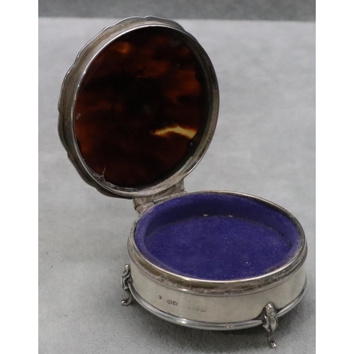 401 - A Birmingham silver round trinket box with hinged tortoiseshell lid enclosing blue velvet interior, ... 