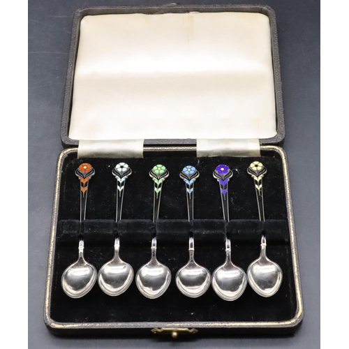 406 - A set of 6 Norwegian sterling silver coffee spoons with various coloured enamel and floral handles, ... 