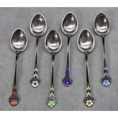 406 - A set of 6 Norwegian sterling silver coffee spoons with various coloured enamel and floral handles, ... 