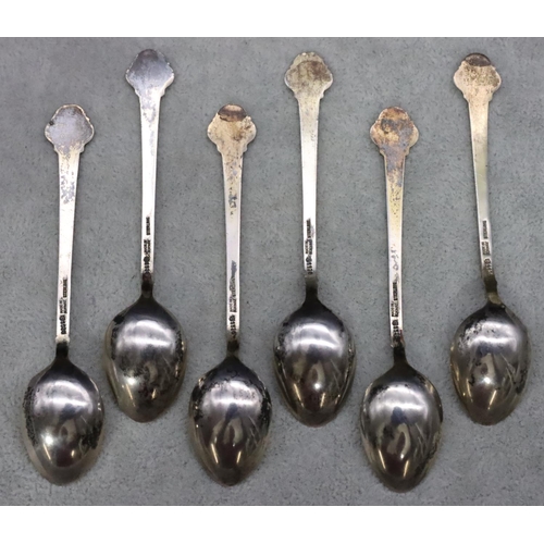 406 - A set of 6 Norwegian sterling silver coffee spoons with various coloured enamel and floral handles, ... 