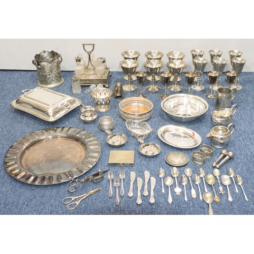 430 - A quantity of various silver plated goblets, a silver plated entrée dish, a silver plated circular t... 