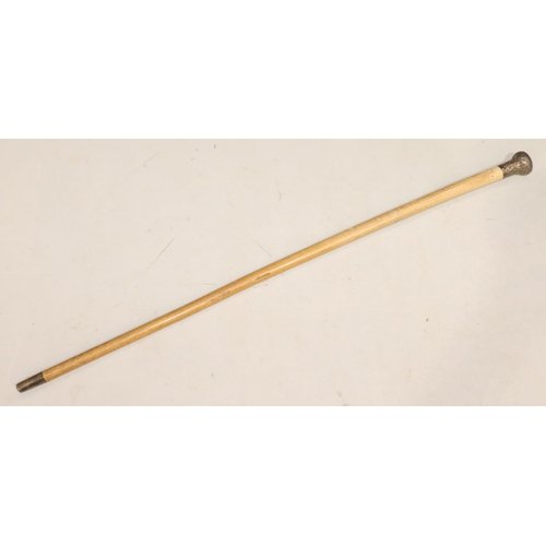 435 - A London silver mounted knob walking cane with embossed leaf and scroll decoration, 92cm high