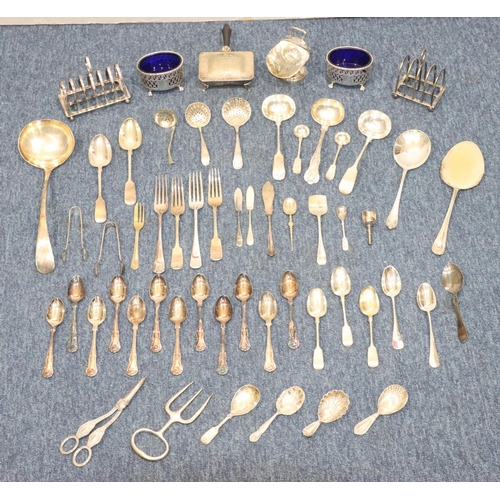 438 - 4 various silver plated caddy spoons, a pair of silver plated grape scissors, a pair of silver plate... 