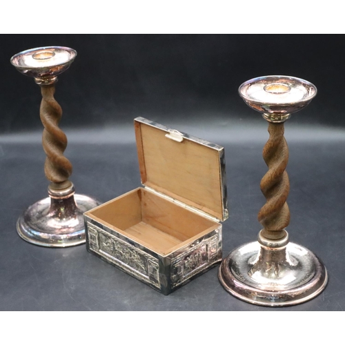 440 - A pair of silver plated and oak barley twist candlesticks on sweeping bases, 22cm high and a silver ... 