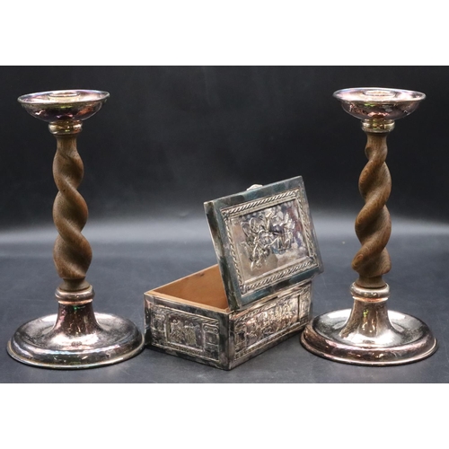 440 - A pair of silver plated and oak barley twist candlesticks on sweeping bases, 22cm high and a silver ... 