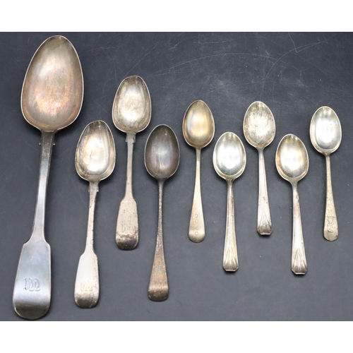 449 - A Victorian silver tablespoon and 8 odd silver teaspoons, 6.4oz (9)