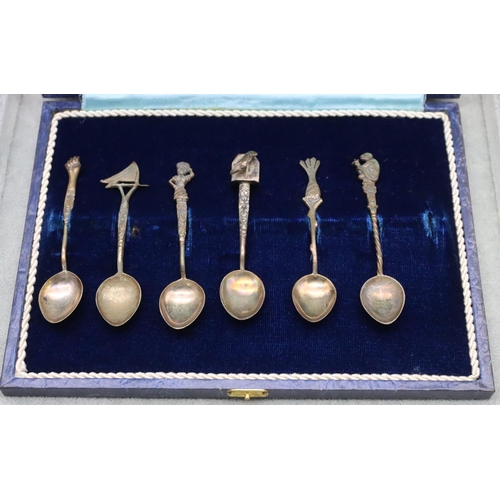 453 - A set of 6 Continental 800 silver coloured metal coffee spoons with various figure, bird and boat fi... 