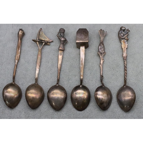 453 - A set of 6 Continental 800 silver coloured metal coffee spoons with various figure, bird and boat fi... 