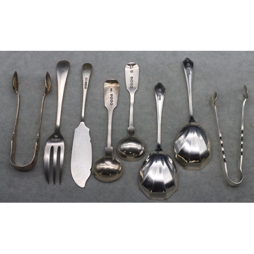 456 - A pair of Sheffield silver jam spoons, 2 Victorian silver mustard spoons, 2 pairs of silver sugar to... 