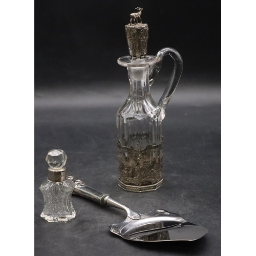 460 - A Continental cut glass vinegar bottle with chamfer decoration, in silver metal frame with embossed ... 