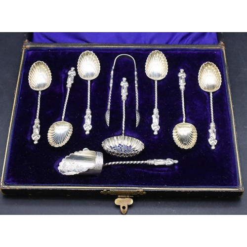 462 - A set of 6 Victorian silver Apostle teaspoons with sugar tongs, sugar sifter and caddy spoon, all wi... 