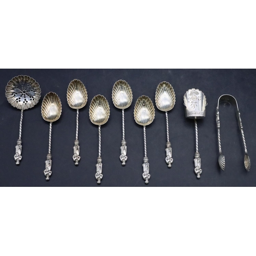 462 - A set of 6 Victorian silver Apostle teaspoons with sugar tongs, sugar sifter and caddy spoon, all wi... 