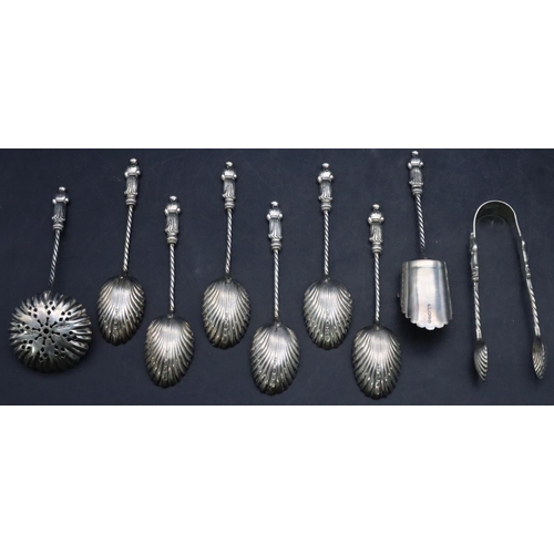 462 - A set of 6 Victorian silver Apostle teaspoons with sugar tongs, sugar sifter and caddy spoon, all wi... 