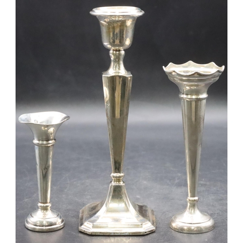 465 - A Chester silver candlestick on turned stem with square base, 20.2cm high, A Birmingham silver round... 