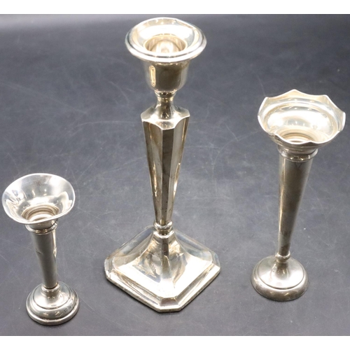 465 - A Chester silver candlestick on turned stem with square base, 20.2cm high, A Birmingham silver round... 