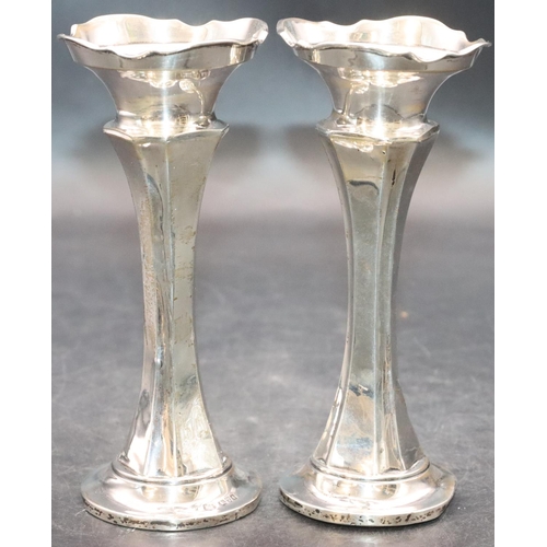 471 - A pair of Chester silver trumpet shaped spill vases with crinkle rims and allover chamfer decoration... 