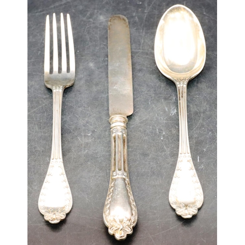 475 - An early Victorian 3-piece silver christening set, comprising of knife, fork and spoon with reeded h... 