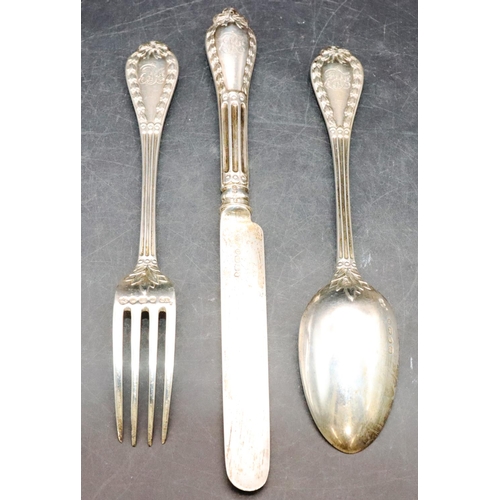 475 - An early Victorian 3-piece silver christening set, comprising of knife, fork and spoon with reeded h... 