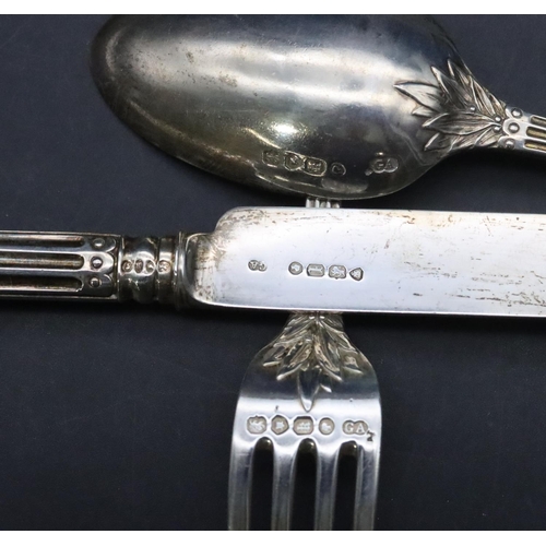 475 - An early Victorian 3-piece silver christening set, comprising of knife, fork and spoon with reeded h... 