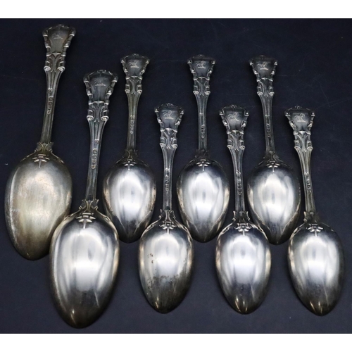 480 - A set of 6 early Victorian silver dessert spoons, London 1846 and a pair of similar serving spoons L... 