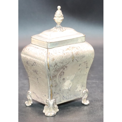 496 - A Sheffield silver plated rectangular bulbous shaped hinged lid tea caddy with etched floral, leaf a... 