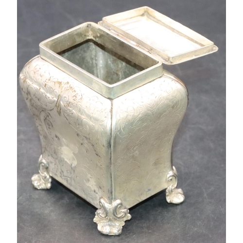 496 - A Sheffield silver plated rectangular bulbous shaped hinged lid tea caddy with etched floral, leaf a... 