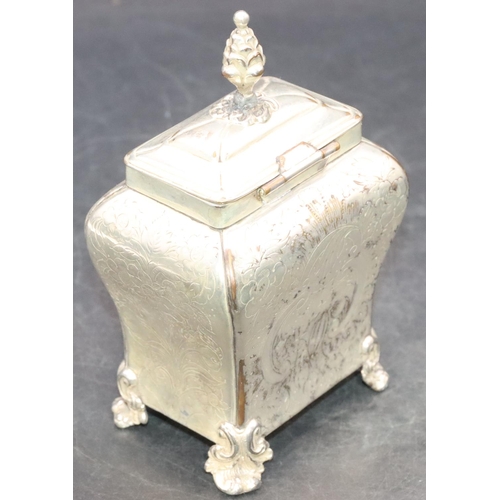 496 - A Sheffield silver plated rectangular bulbous shaped hinged lid tea caddy with etched floral, leaf a... 