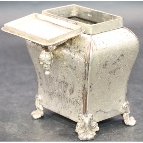 496 - A Sheffield silver plated rectangular bulbous shaped hinged lid tea caddy with etched floral, leaf a... 