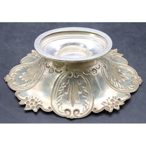 498 - A London silver oval scallop shaped sweet meat dish with allover embossed floral, leaf and scroll de... 