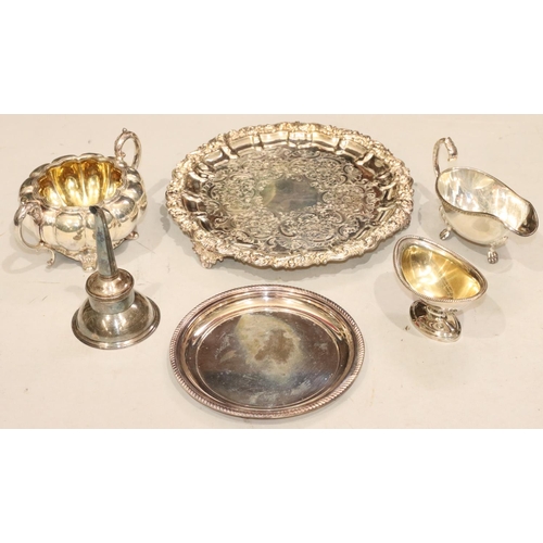 501 - A Sheffield silver wine funnel, a silver plated salver, a smaller silver plated card tray, a silver ... 