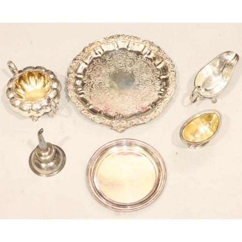 501 - A Sheffield silver wine funnel, a silver plated salver, a smaller silver plated card tray, a silver ... 