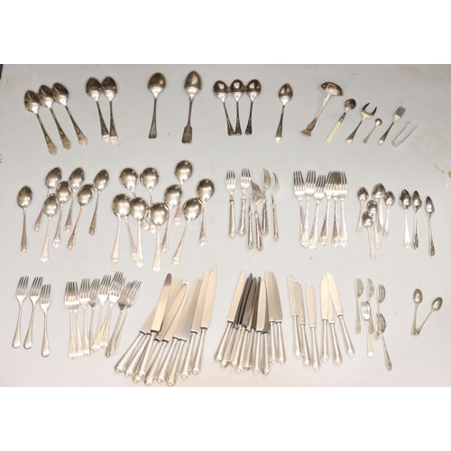 502 - A quantity of various silver plated flatware, 2 serving spoons, 9 dinner knives, 10 smaller knives, ... 