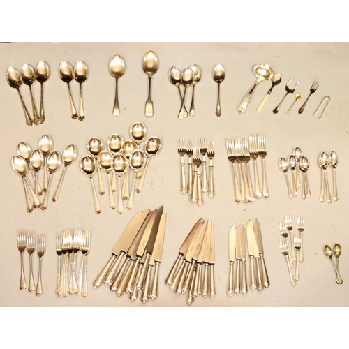 502 - A quantity of various silver plated flatware, 2 serving spoons, 9 dinner knives, 10 smaller knives, ... 