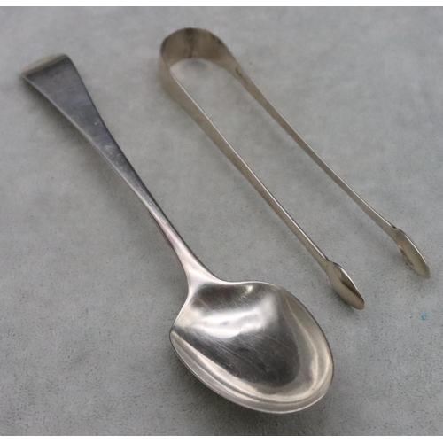 506 - A pair of Georgian plain silver sugar tongs and a Georgian silver tablespoon, 2.8oz