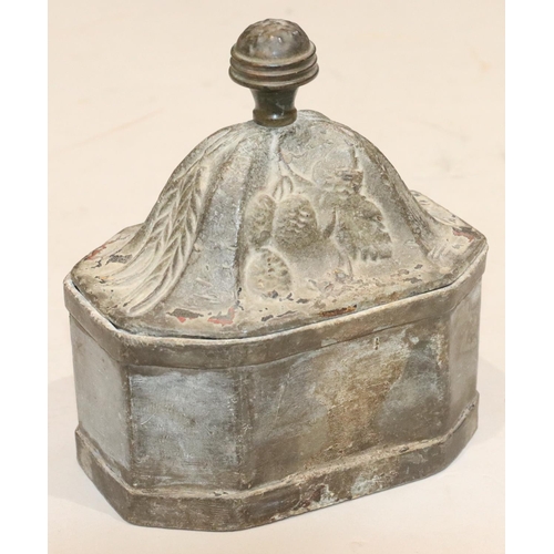 848 - An early 18th Century lead rectangular shaped tobacco jar with cover and raised grape and vine decor... 